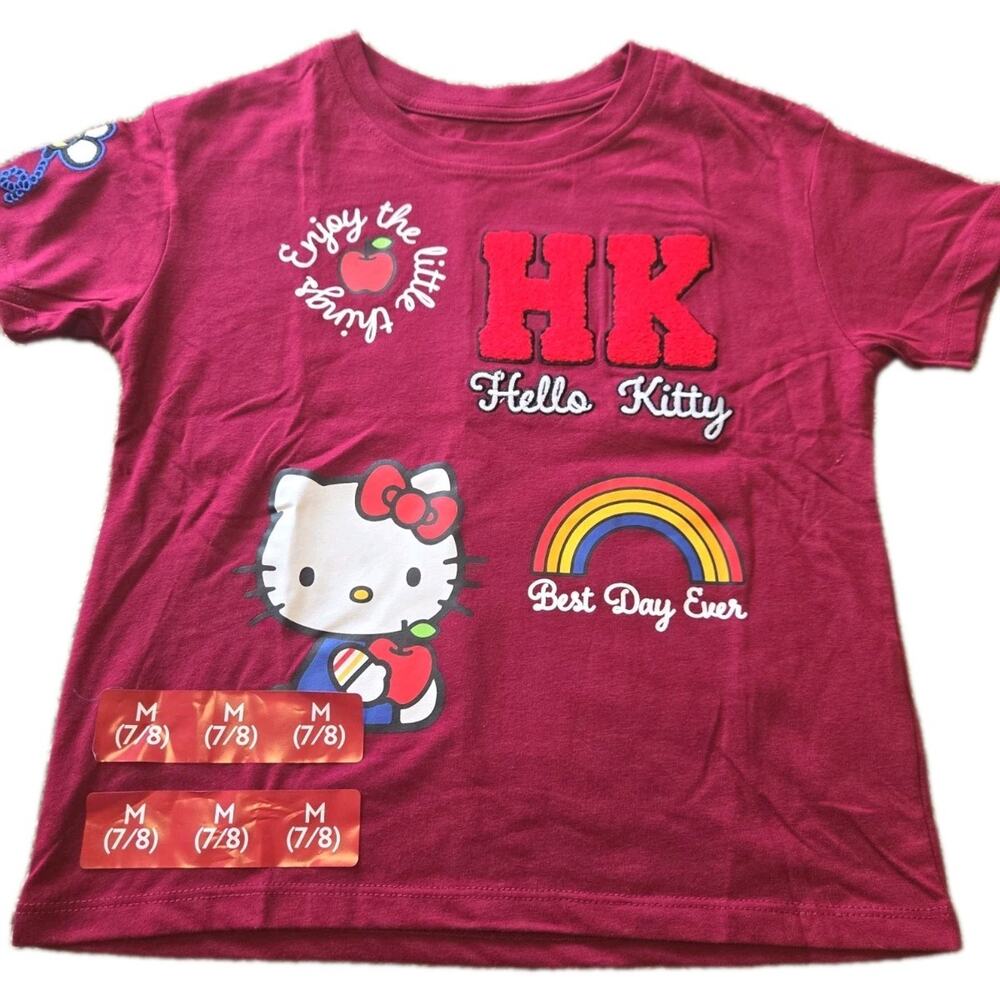 Hello Kitty Girls T-Shirt Size M 7/8 Burgundy Best Day Ever Short Sleeve NWT